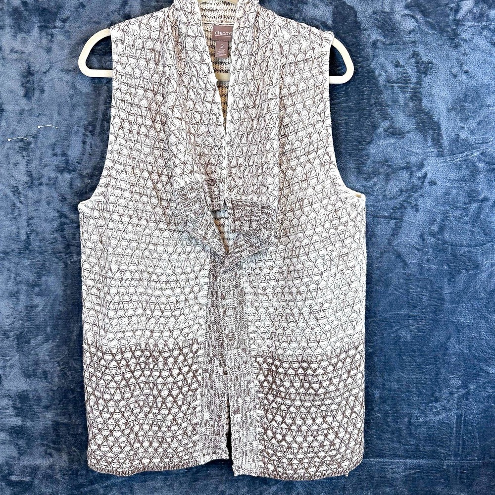 Chico's Gray/White Knit Sweater Vest Open Front Collared Sleeveless Size 2